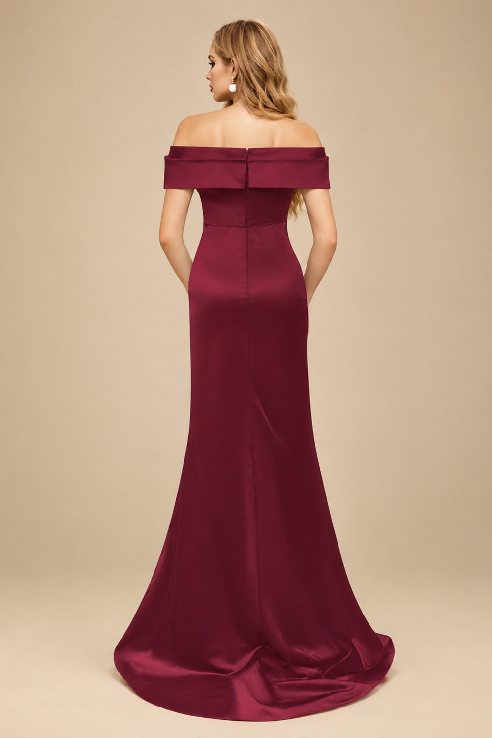 Rutipo Burgundy Trumpet/Mermaid Off-The-Shoulder Sleeveless Sweep Train Satin Bridesmaid Dresses