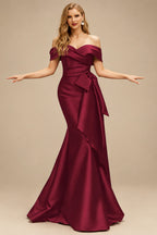 Rutipo Burgundy Trumpet/Mermaid Off-The-Shoulder Sleeveless Sweep Train Satin Bridesmaid Dresses