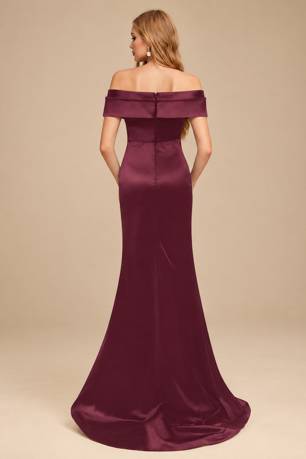 Rutipo Cabernet Trumpet/Mermaid Off-The-Shoulder Sleeveless Sweep Train Satin Bridesmaid Dresses