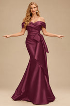 Rutipo Cabernet Trumpet/Mermaid Off-The-Shoulder Sleeveless Sweep Train Satin Bridesmaid Dresses