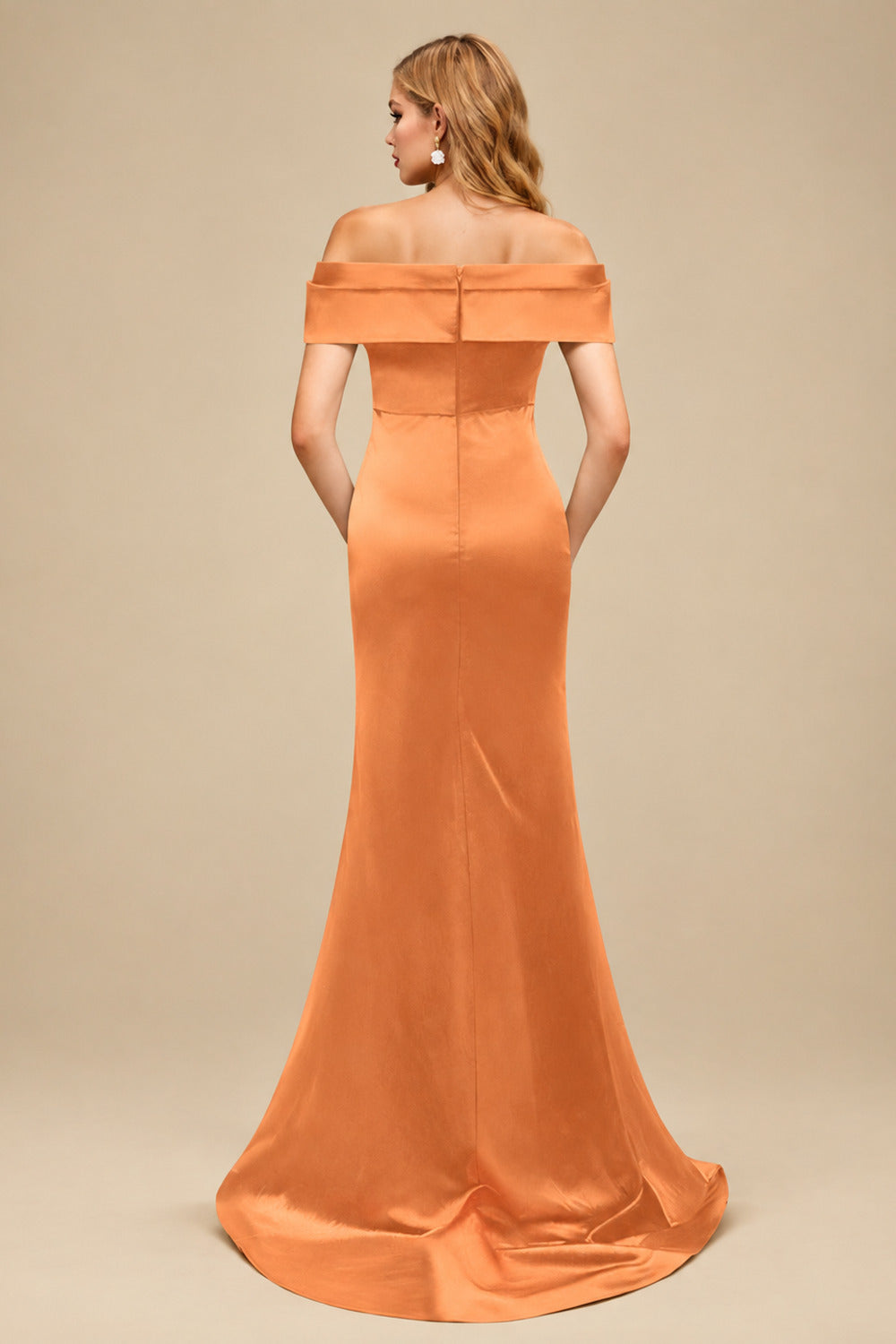 Rutipo Orange Trumpet/Mermaid Off-The-Shoulder Sleeveless Sweep Train Satin Bridesmaid Dresses