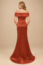 Rutipo Terracotta Trumpet/Mermaid Off-The-Shoulder Sleeveless Sweep Train Satin Bridesmaid Dresses