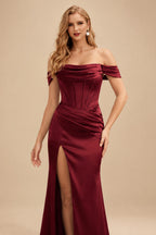 Rutipo Burgundy Sheath/Column Off-The-Shoulder Sleeveless Satin Bridesmaid Dresses With Ruffle/Split Front