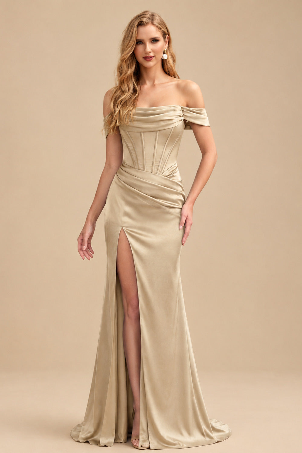 Rutipo Champagne Sheath/Column Off-The-Shoulder Sleeveless Satin Bridesmaid Dresses With Ruffle/Split Front