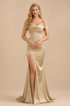 Rutipo Champagne Sheath/Column Off-The-Shoulder Sleeveless Satin Bridesmaid Dresses With Ruffle/Split Front