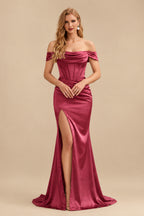 Rutipo Cinnamon Rose Sheath/Column Off-The-Shoulder Sleeveless Satin Bridesmaid Dresses With Ruffle/Split Front