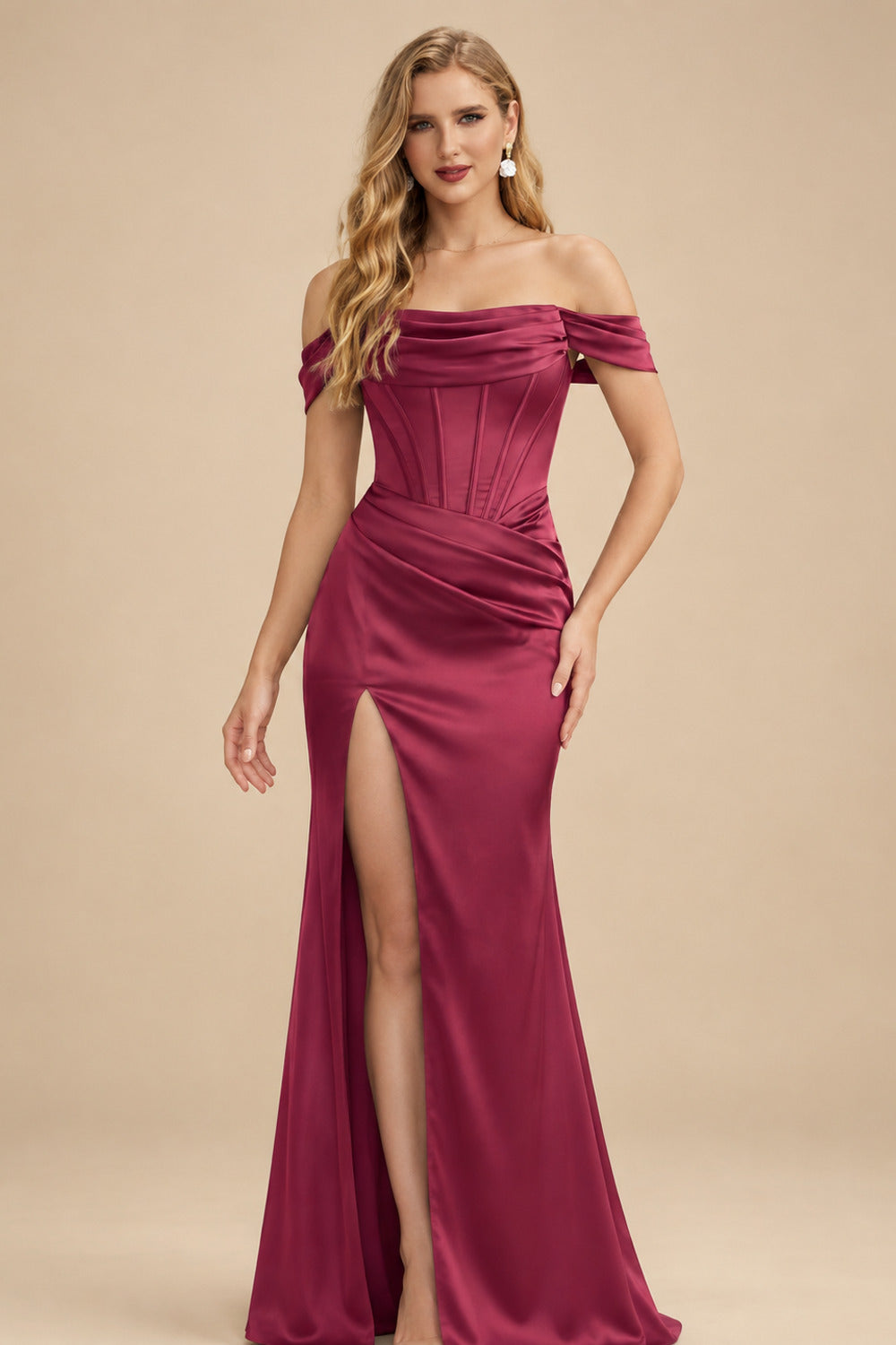 Rutipo Mulberry Sheath/Column Off-The-Shoulder Sleeveless Satin Bridesmaid Dresses With Ruffle/Split Front