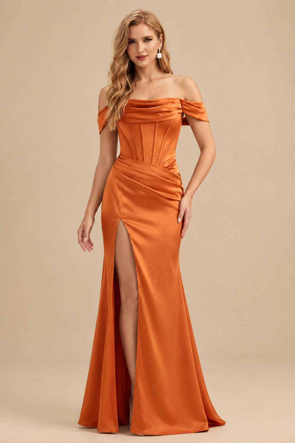 Rutipo Orange Sheath/Column Off-The-Shoulder Sleeveless Satin Bridesmaid Dresses With Ruffle/Split Front
