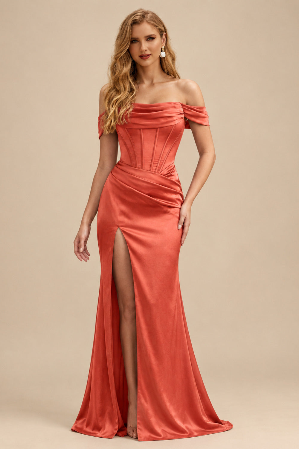 Rutipo Papaya Sheath/Column Off-The-Shoulder Sleeveless Satin Bridesmaid Dresses With Ruffle/Split Front