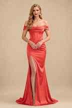 Rutipo Papaya Sheath/Column Off-The-Shoulder Sleeveless Satin Bridesmaid Dresses With Ruffle/Split Front