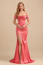 Rutipo Watermelon Sheath/Column Off-The-Shoulder Sleeveless Satin Bridesmaid Dresses With Ruffle/Split Front