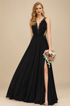 Rutipo Black A-Line V-Neck Sleeveless Chiffon Bridesmaid Dresses With Lace/High Split
