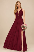 Rutipo Burgundy A-Line V-Neck Sleeveless Chiffon Bridesmaid Dresses With Lace/High Split