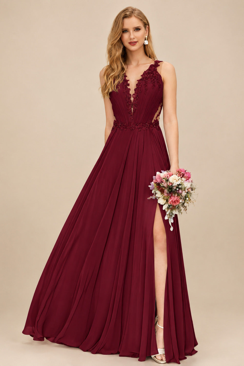 Rutipo Burgundy A-Line V-Neck Sleeveless Chiffon Bridesmaid Dresses With Lace/High Split
