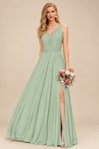 Rutipo Celadon A-Line V-Neck Sleeveless Chiffon Bridesmaid Dresses With Lace/High Split