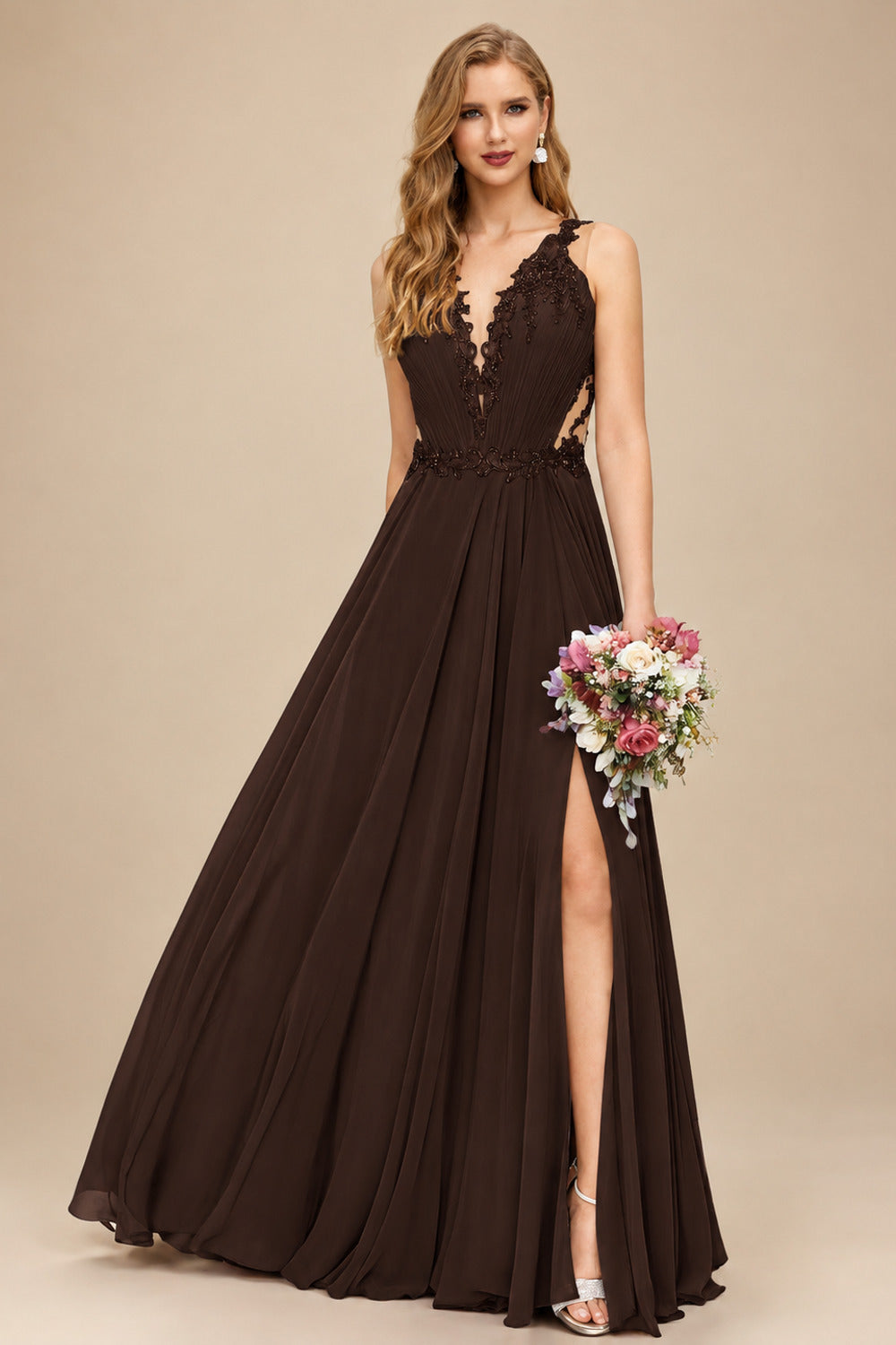 Rutipo Chocolate A-Line V-Neck Sleeveless Chiffon Bridesmaid Dresses With Lace/High Split
