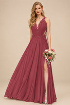 Rutipo Cinnamon Rose A-Line V-Neck Sleeveless Chiffon Bridesmaid Dresses With Lace/High Split