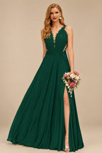 Rutipo Emerald A-Line V-Neck Sleeveless Chiffon Bridesmaid Dresses With Lace/High Split
