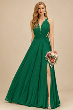 Rutipo Forest Green A-Line V-Neck Sleeveless Chiffon Bridesmaid Dresses With Lace/High Split