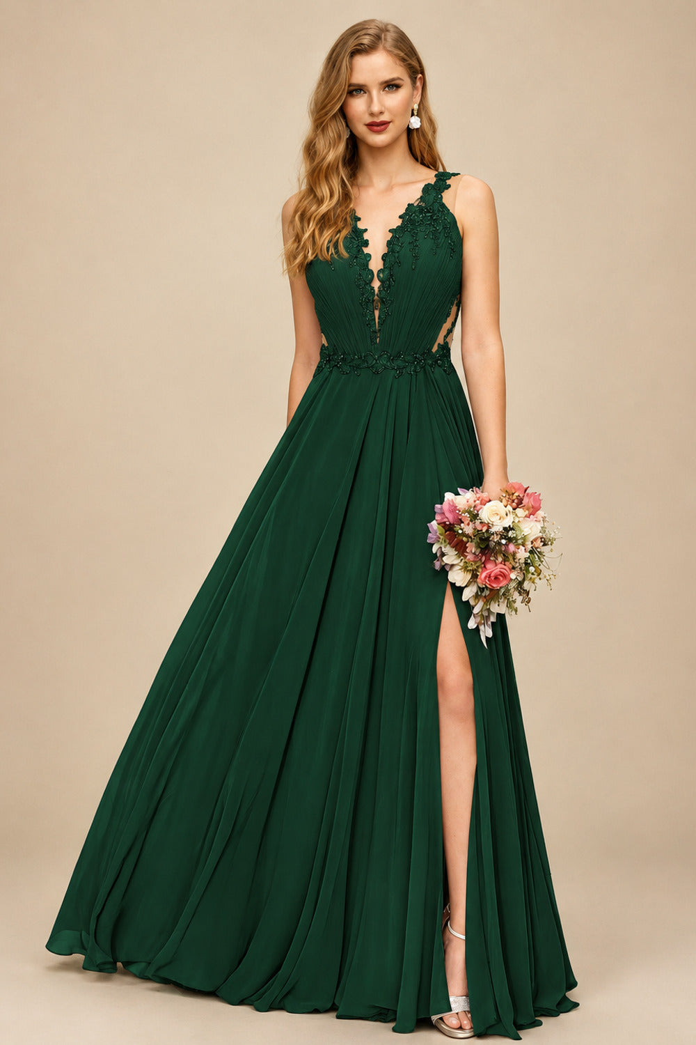 Rutipo Hunter Green A-Line V-Neck Sleeveless Chiffon Bridesmaid Dresses With Lace/High Split