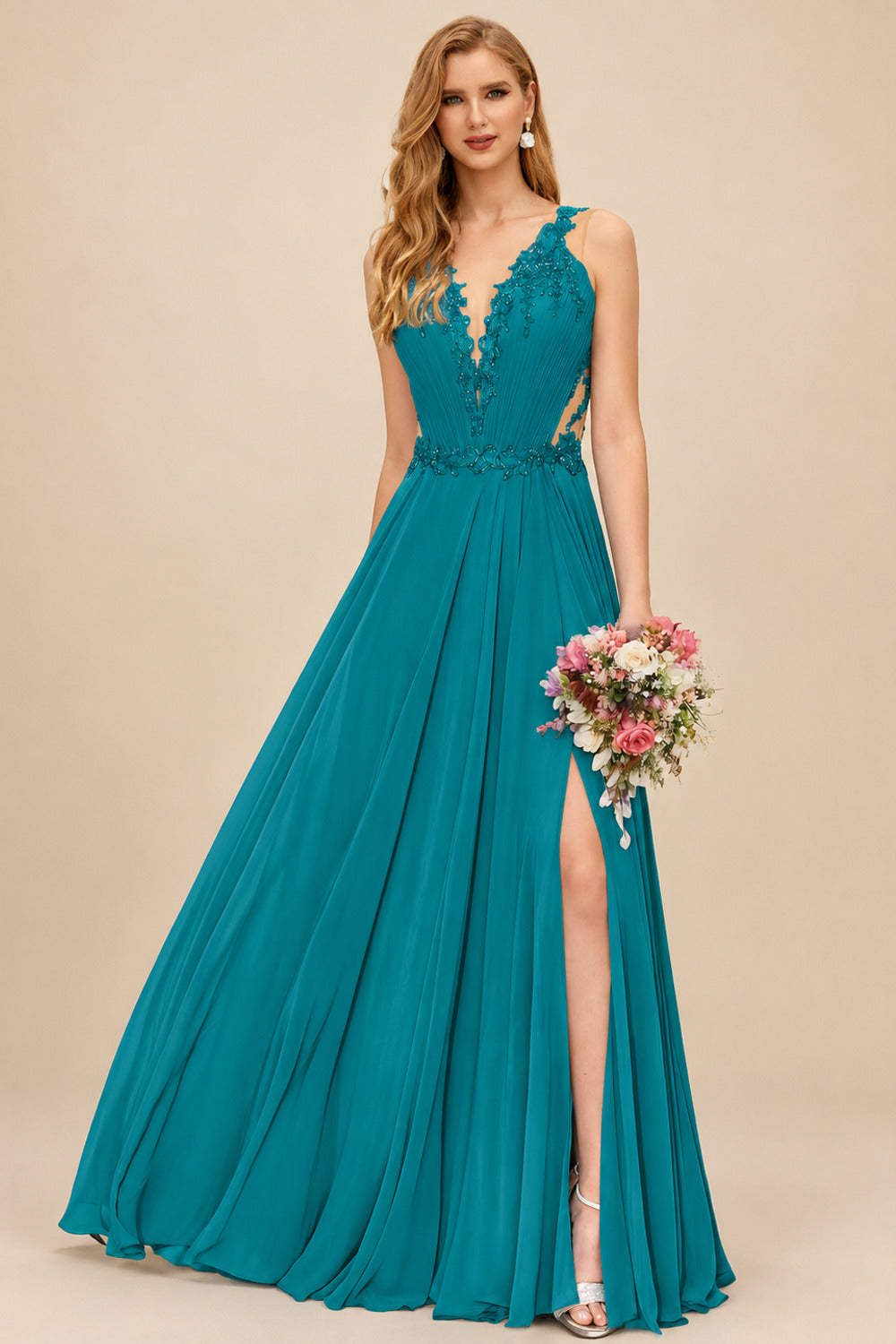 Rutipo Jade A-Line V-Neck Sleeveless Chiffon Bridesmaid Dresses With Lace/High Split