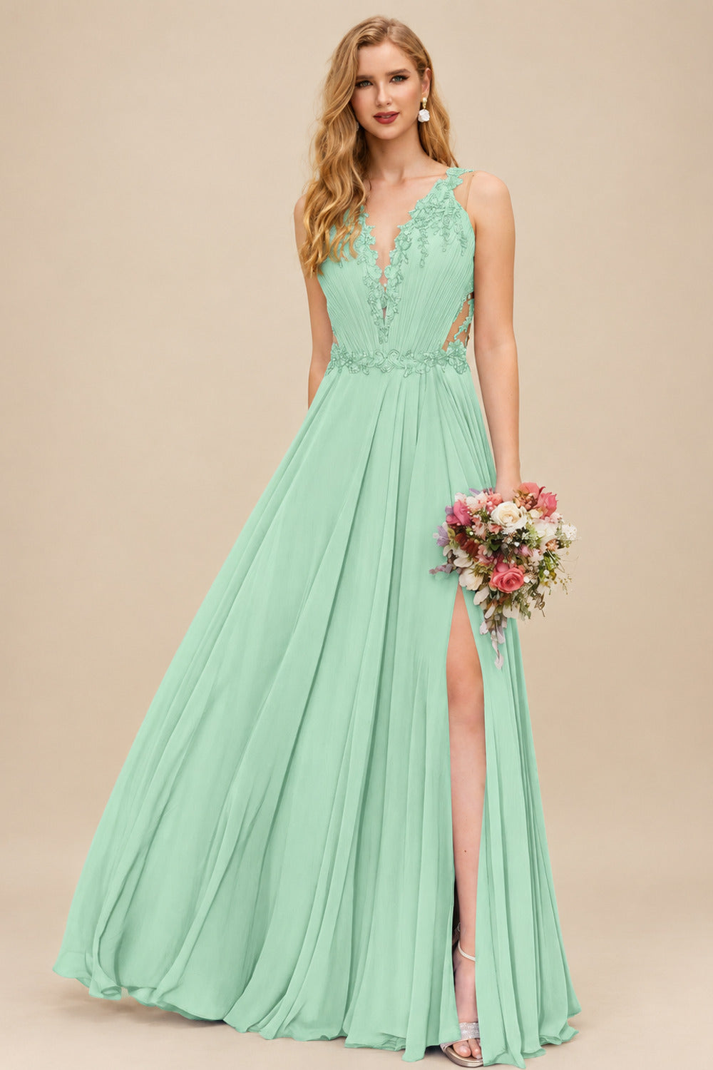 Rutipo Mint Green A-Line V-Neck Sleeveless Chiffon Bridesmaid Dresses With Lace/High Split