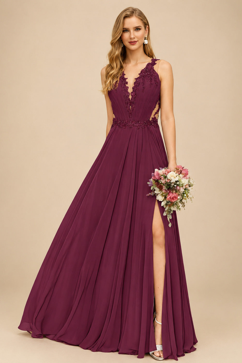 Rutipo Mulberry A-Line V-Neck Sleeveless Chiffon Bridesmaid Dresses With Lace/High Split