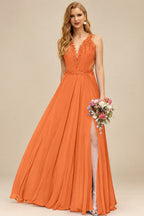 Rutipo Orange A-Line V-Neck Sleeveless Chiffon Bridesmaid Dresses With Lace/High Split