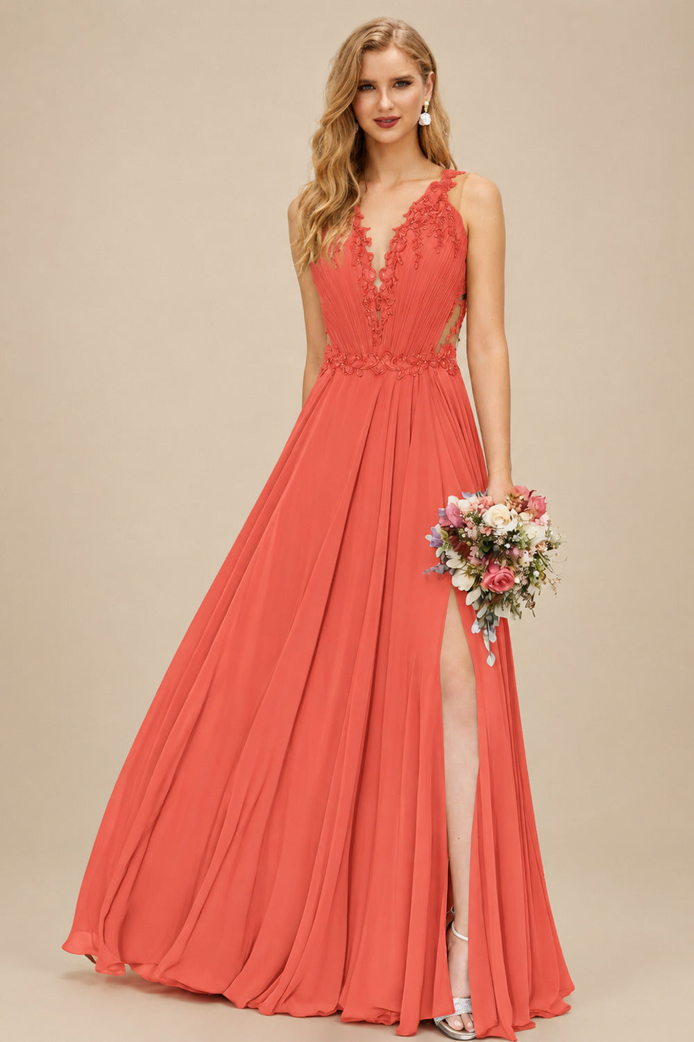 Rutipo Papaya A-Line V-Neck Sleeveless Chiffon Bridesmaid Dresses With Lace/High Split