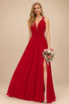 Rutipo Red A-Line V-Neck Sleeveless Chiffon Bridesmaid Dresses With Lace/High Split