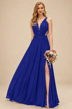Rutipo Royal Blue A-Line V-Neck Sleeveless Chiffon Bridesmaid Dresses With Lace/High Split