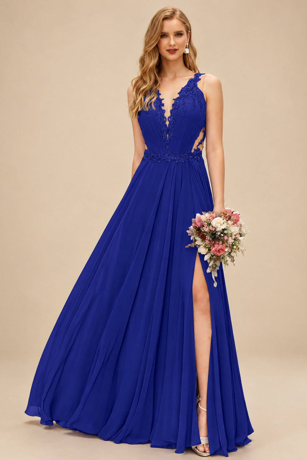 Rutipo Royal Blue A-Line V-Neck Sleeveless Chiffon Bridesmaid Dresses With Lace/High Split