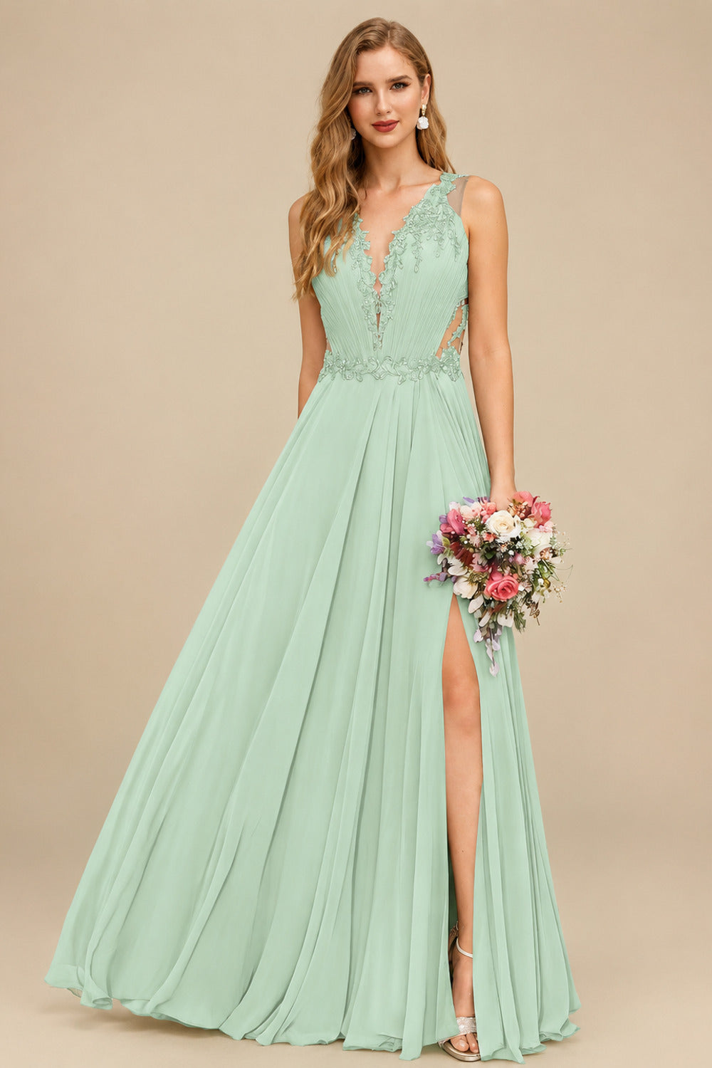 Rutipo Sage Green A-Line V-Neck Sleeveless Chiffon Bridesmaid Dresses With Lace/High Split