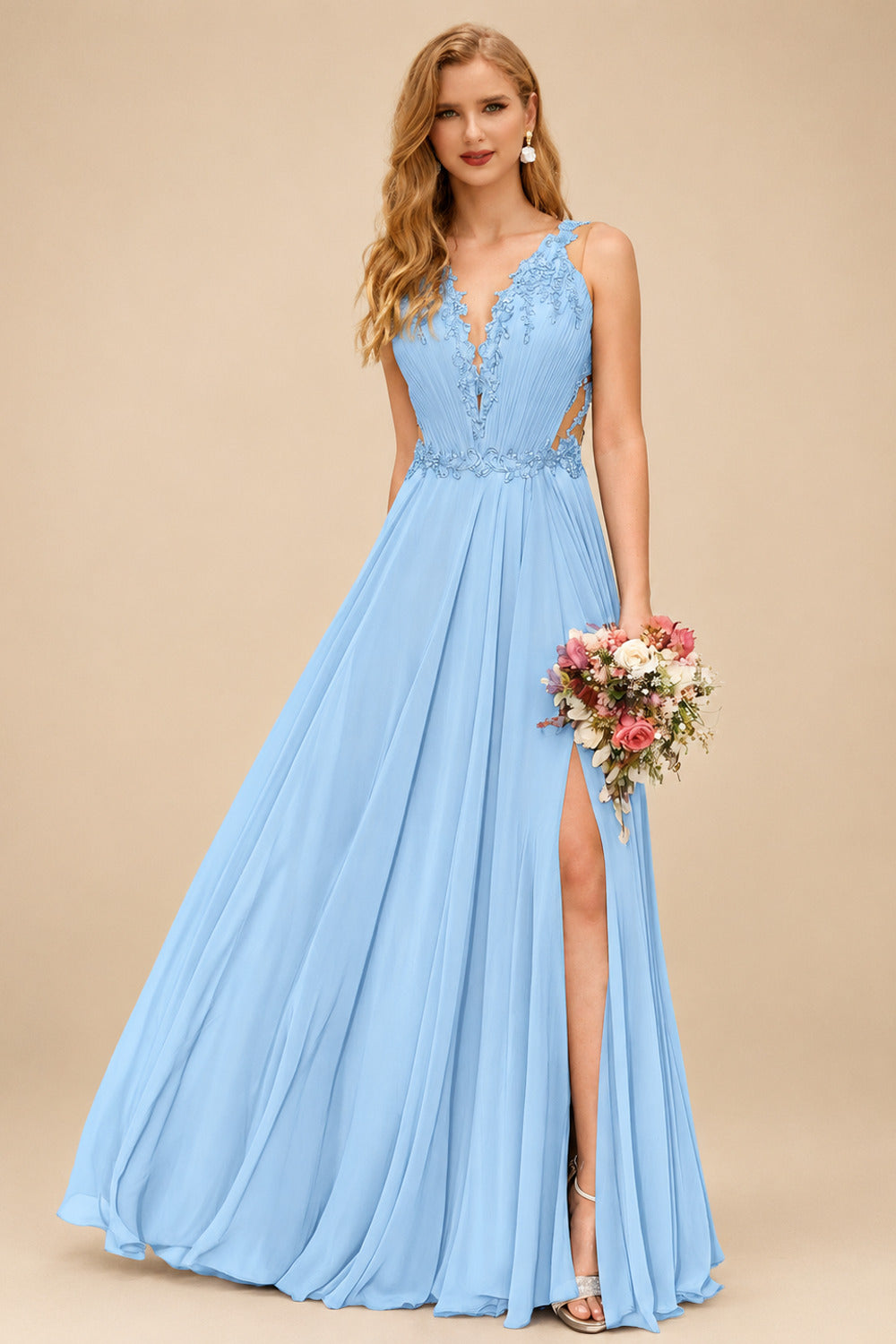 Rutipo Sky Blue A-Line V-Neck Sleeveless Chiffon Bridesmaid Dresses With Lace/High Split