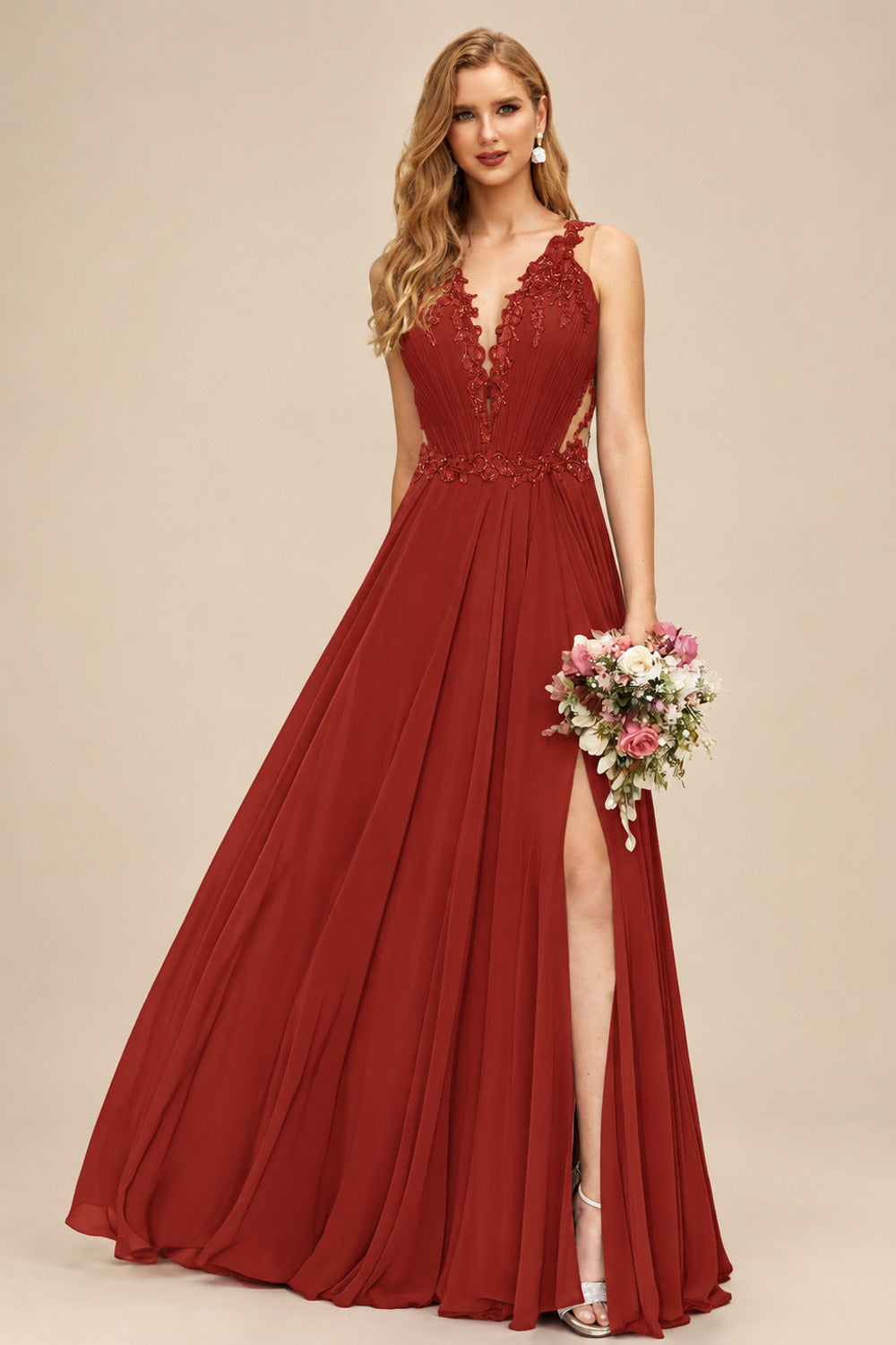 Rutipo Vermilion A-Line V-Neck Sleeveless Chiffon Bridesmaid Dresses With Lace/High Split