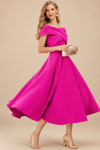 Rutipo As Picture A-Line Off-The-Shoulder Short Sleeves Tea-Length Elastic Satin Bridesmaid Dresses