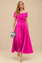 Rutipo As Picture A-Line Off-The-Shoulder Short Sleeves Tea-Length Elastic Satin Bridesmaid Dresses