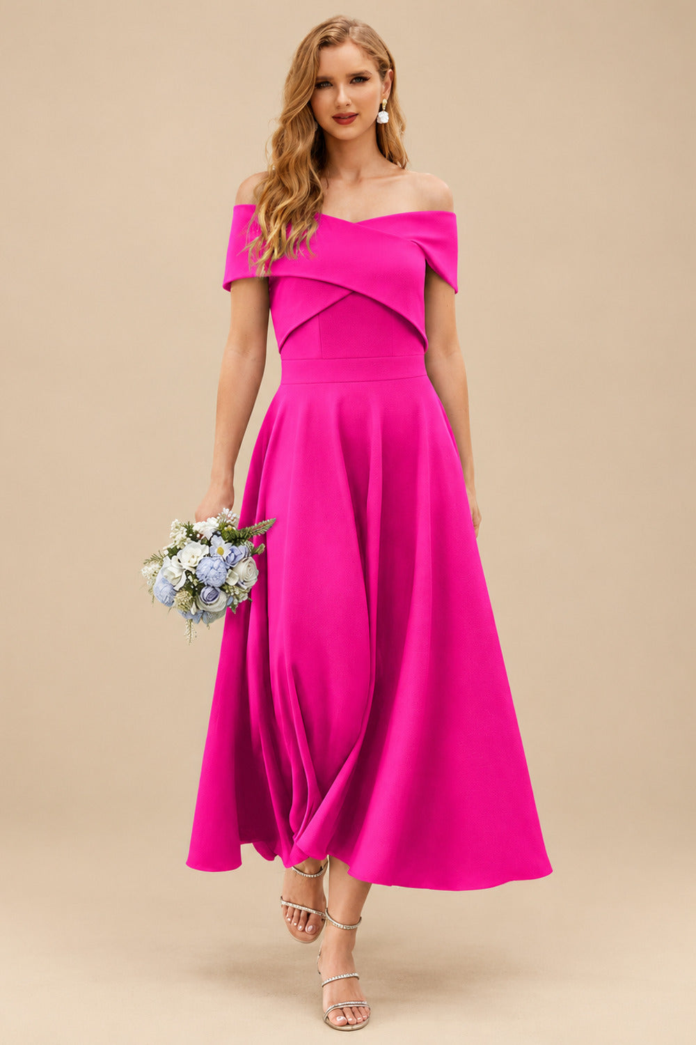 Rutipo As Picture A-Line Off-The-Shoulder Short Sleeves Tea-Length Elastic Satin Bridesmaid Dresses