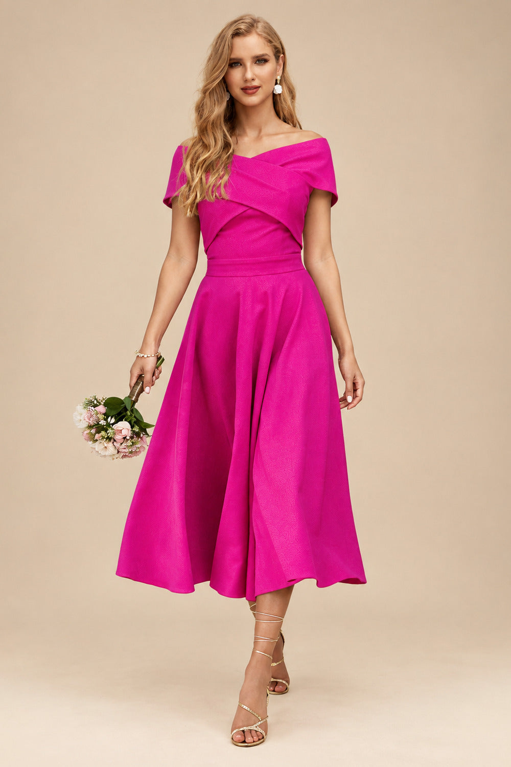 Rutipo As Picture A-Line Off-The-Shoulder Short Sleeves Tea-Length Elastic Satin Bridesmaid Dresses