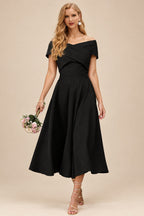 Rutipo Black A-Line Off-The-Shoulder Short Sleeves Tea-Length Elastic Satin Bridesmaid Dresses