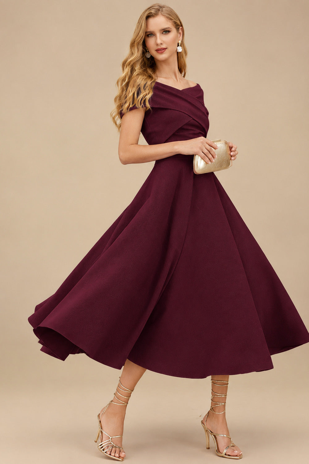 Rutipo Burgundy A-Line Off-The-Shoulder Short Sleeves Tea-Length Elastic Satin Bridesmaid Dresses