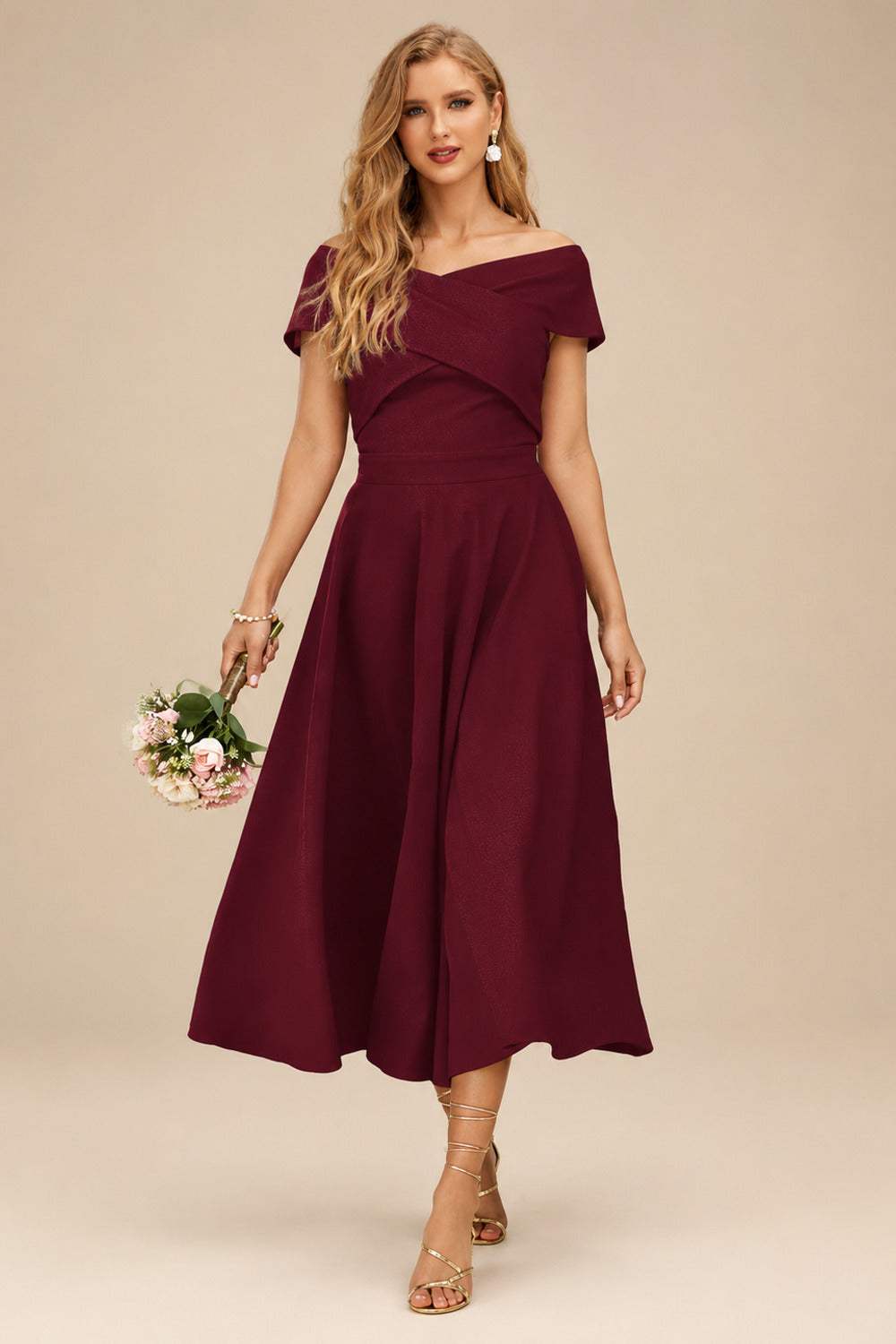 Rutipo Burgundy A-Line Off-The-Shoulder Short Sleeves Tea-Length Elastic Satin Bridesmaid Dresses