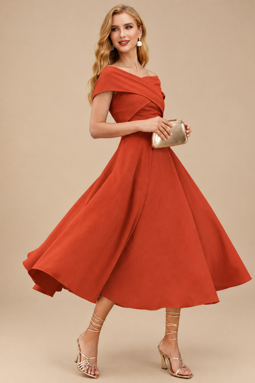 Rutipo Burnt Orange A-Line Off-The-Shoulder Short Sleeves Tea-Length Elastic Satin Bridesmaid Dresses