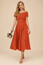 Rutipo Burnt Orange A-Line Off-The-Shoulder Short Sleeves Tea-Length Elastic Satin Bridesmaid Dresses