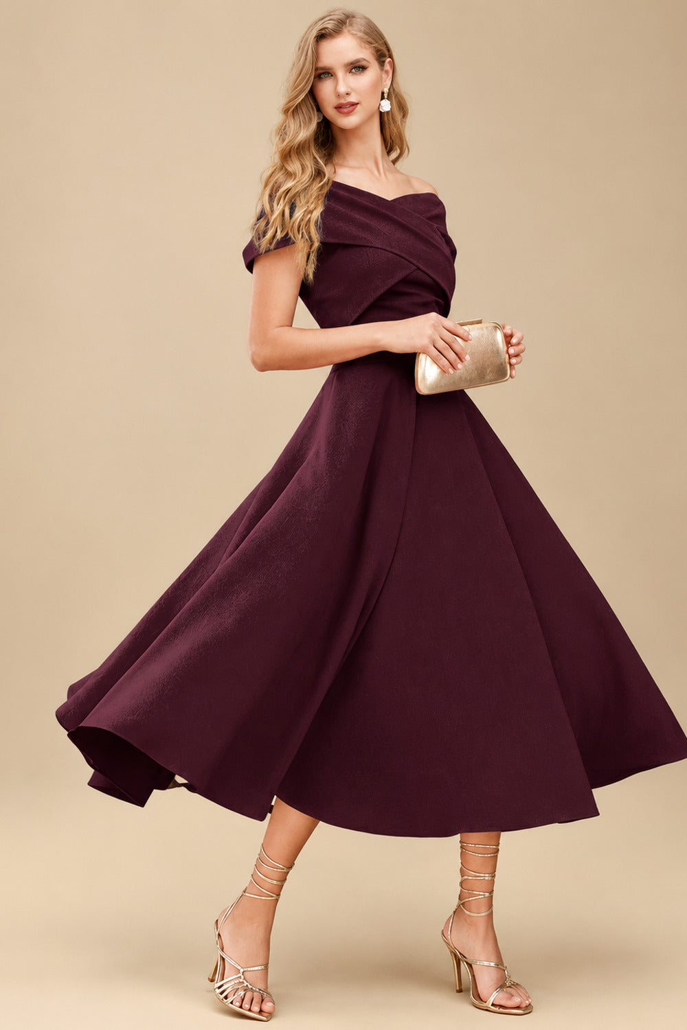Rutipo Cabernet A-Line Off-The-Shoulder Short Sleeves Tea-Length Elastic Satin Bridesmaid Dresses