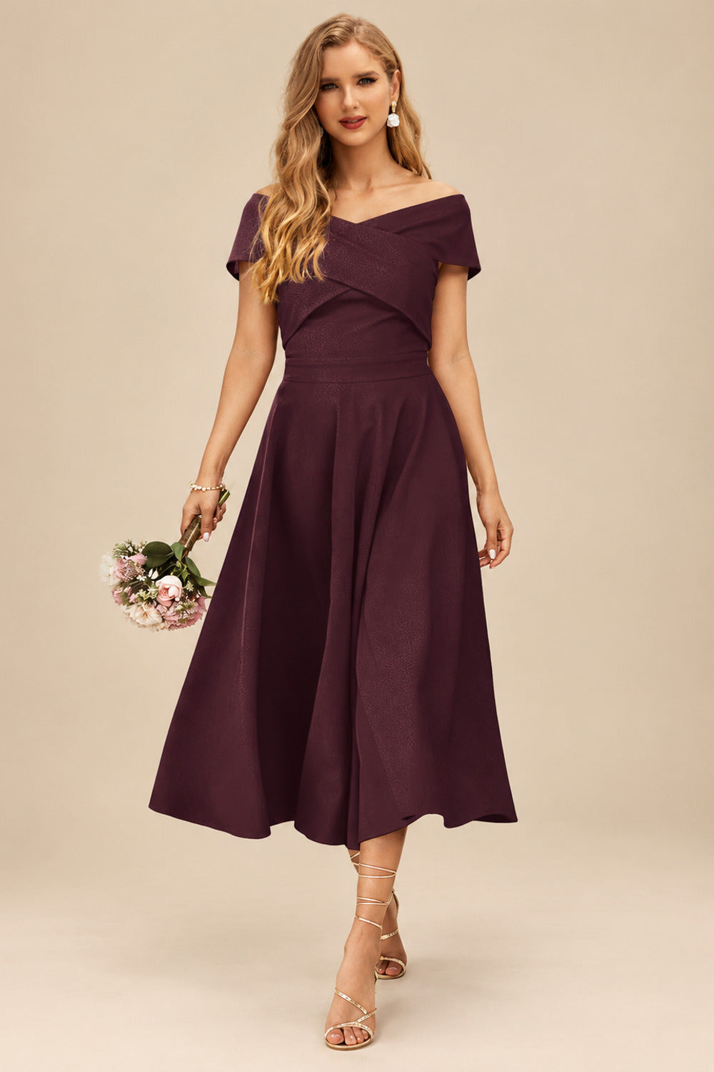 Rutipo Cabernet A-Line Off-The-Shoulder Short Sleeves Tea-Length Elastic Satin Bridesmaid Dresses
