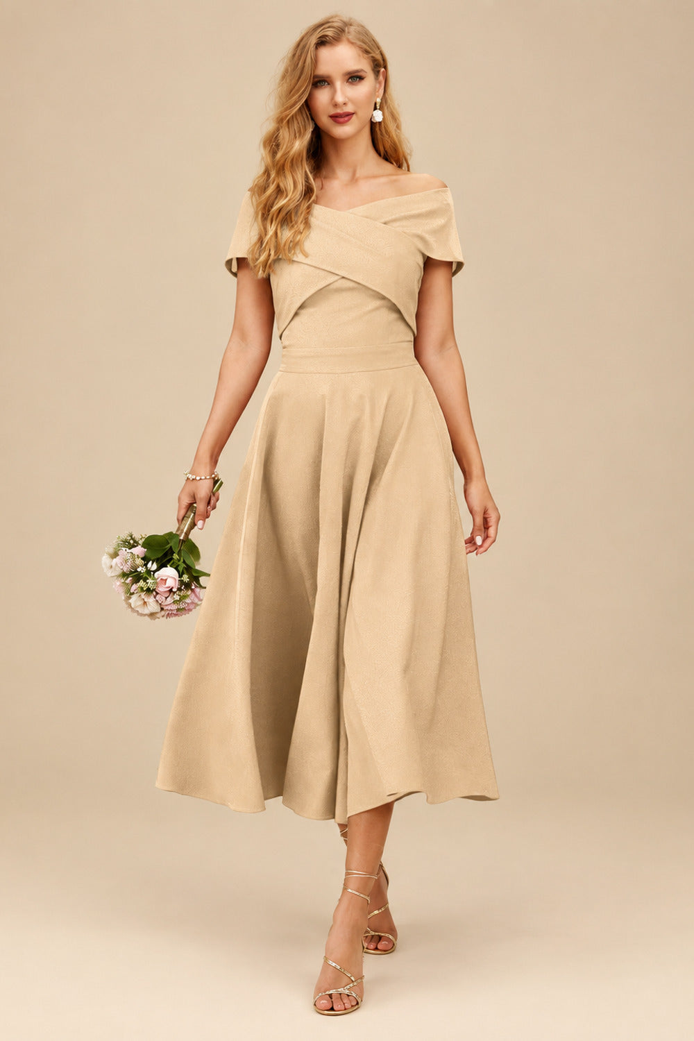 Rutipo Champagne A-Line Off-The-Shoulder Short Sleeves Tea-Length Elastic Satin Bridesmaid Dresses