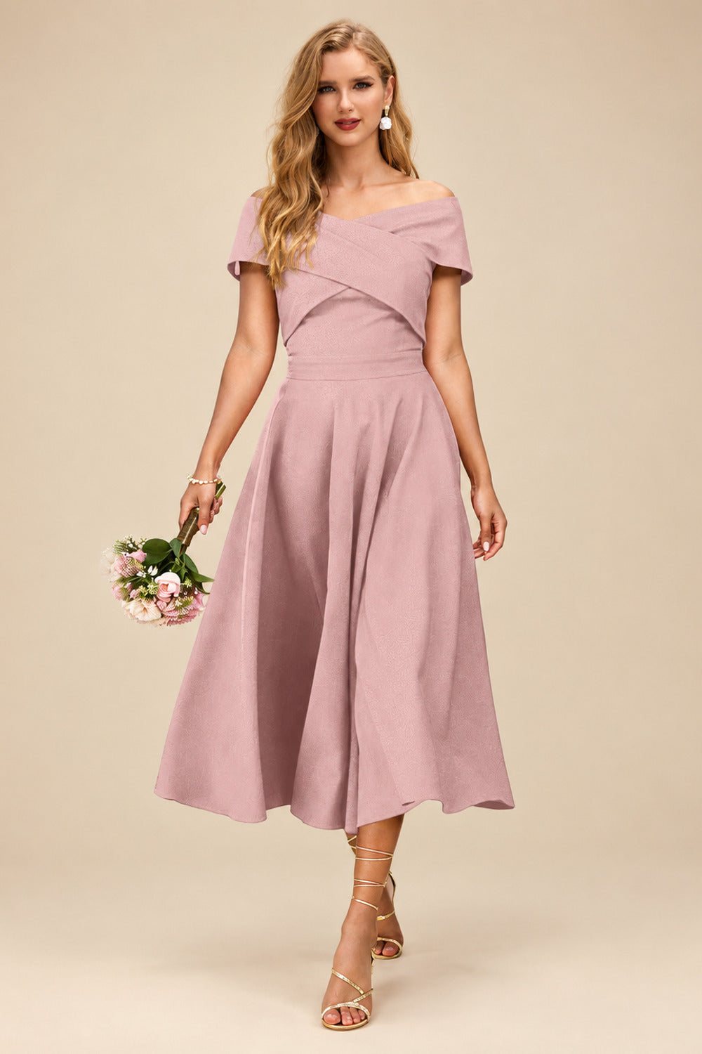 Rutipo Dusty Rose A-Line Off-The-Shoulder Short Sleeves Tea-Length Elastic Satin Bridesmaid Dresses