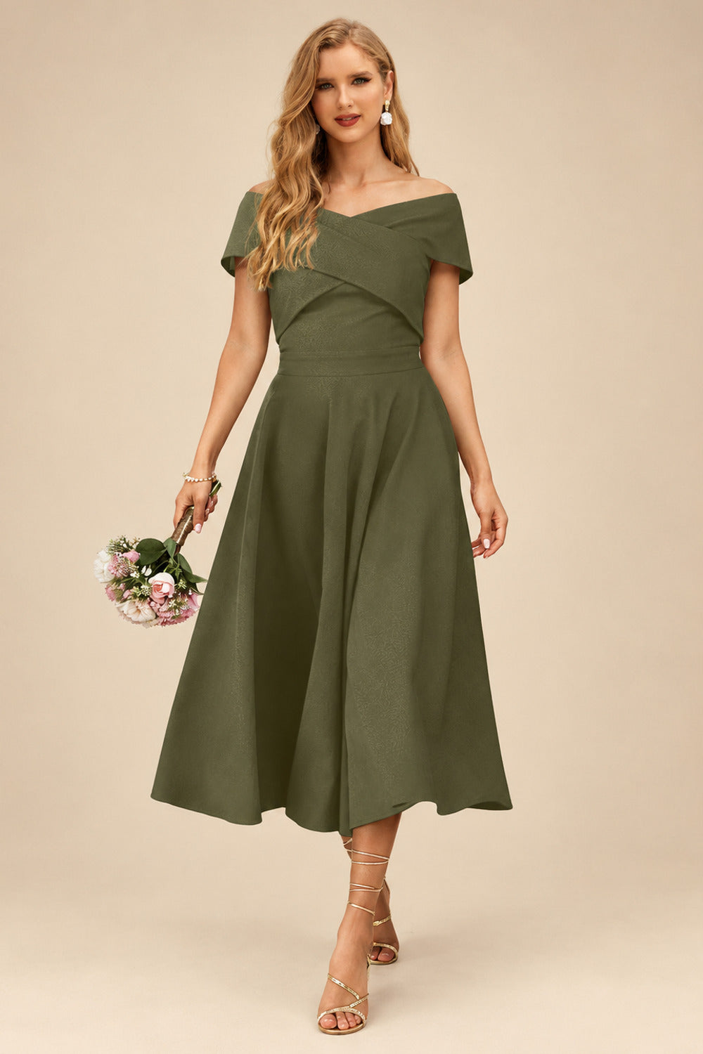 Rutipo Olive Green A-Line Off-The-Shoulder Short Sleeves Tea-Length Elastic Satin Bridesmaid Dresses
