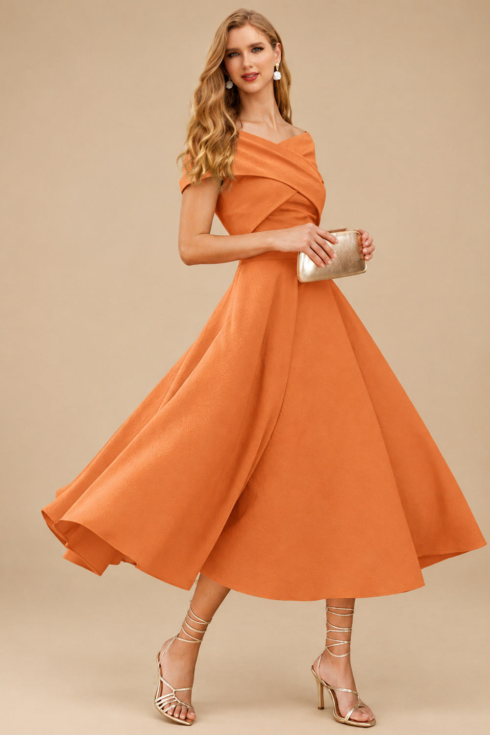 Rutipo Orange A-Line Off-The-Shoulder Short Sleeves Tea-Length Elastic Satin Bridesmaid Dresses
